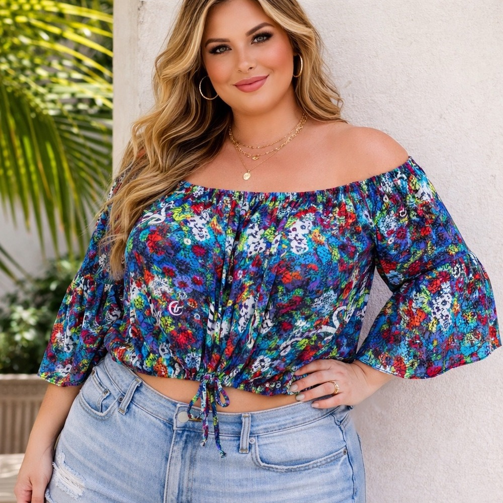 Rouge Collection Womens‎ 3X Graffiti Print Bell Sleeve Off Shoulder Smocked Top